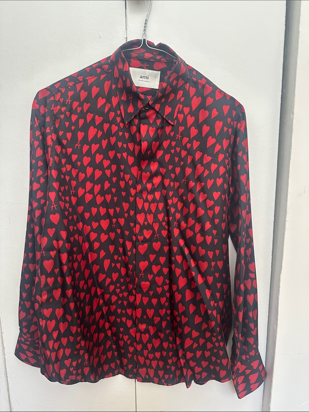 Ami Black Button-Down Shirt with Red Heart Print